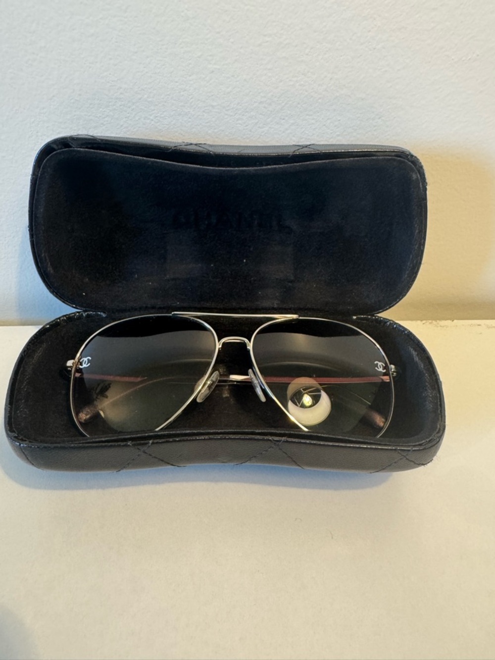 CHANEL Pink and Silver Metal Aviator Sunglasses with Case.